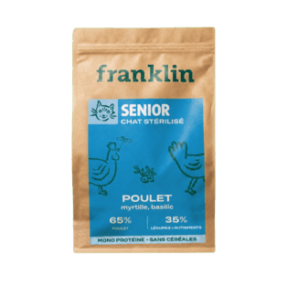 Franklin Chat Senior Stérilisé Poulet, Myrtille, Basilic