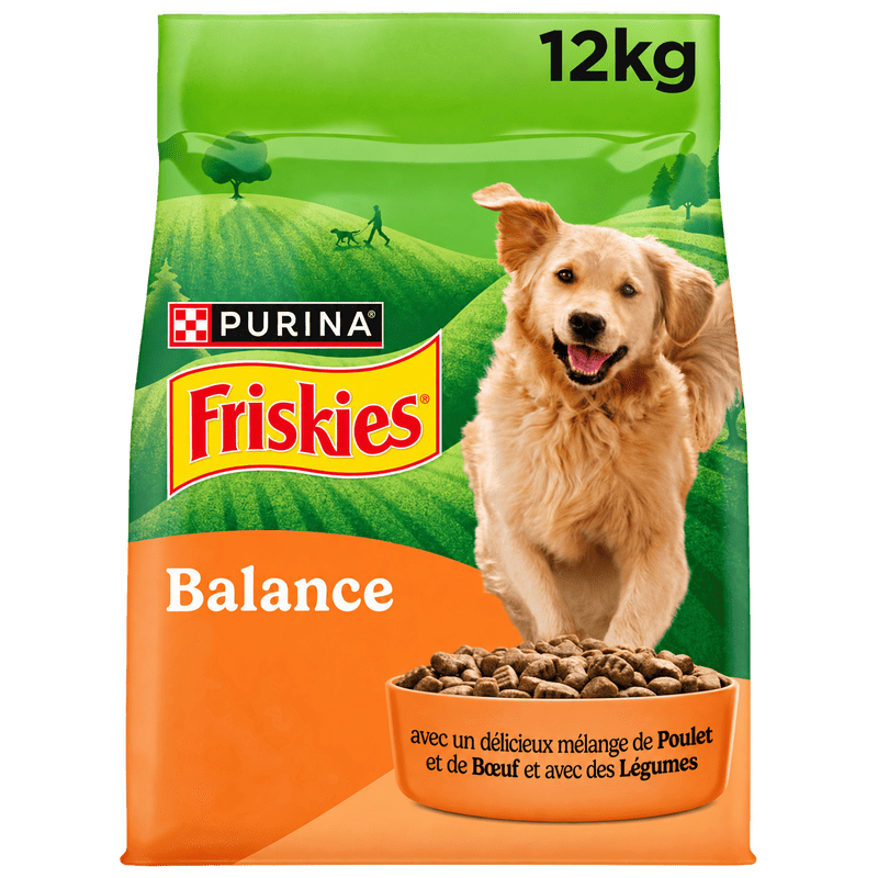 Friskies BALANCE avec un délicieux mélange de poulet, de bœuf et avec des légumes